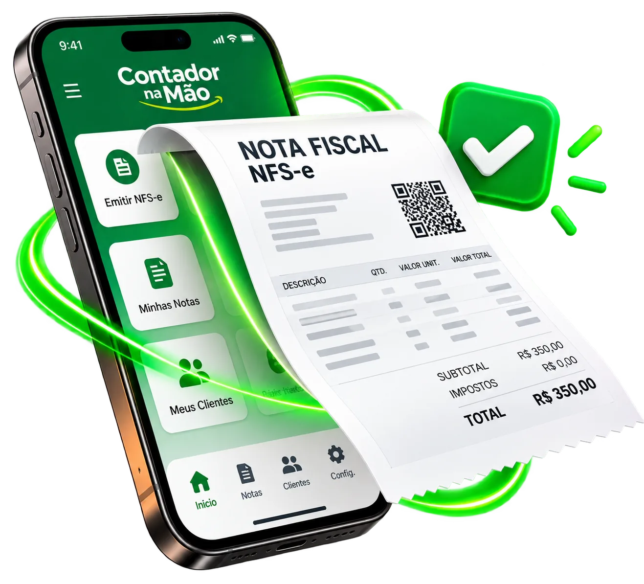 Celular do Contador na Mão com uma nota fiscal NFS-e emitida